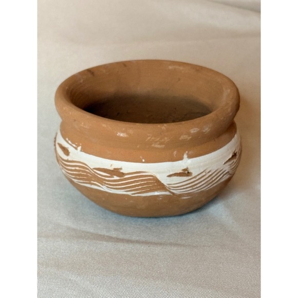 Other - Handmade Terracotta Clay Pot Small Rustic Planter White Wavy Pattern 4 Inch